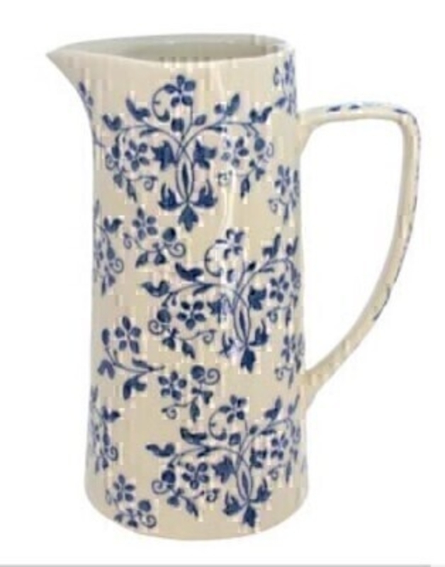 Tall blue and white large ceramic flower jug by designer Gisela Graham.  Perfect for a shabby chic home this blue and white forget me not ceramic jug would be at home either on display or being used every day.  Size (LxWxD) 20cm x 24.5cm x 13cm.